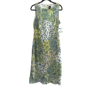 •NWT Anne Klein Women's Dress Yellow Blue White Large MIDI Floral Ocean